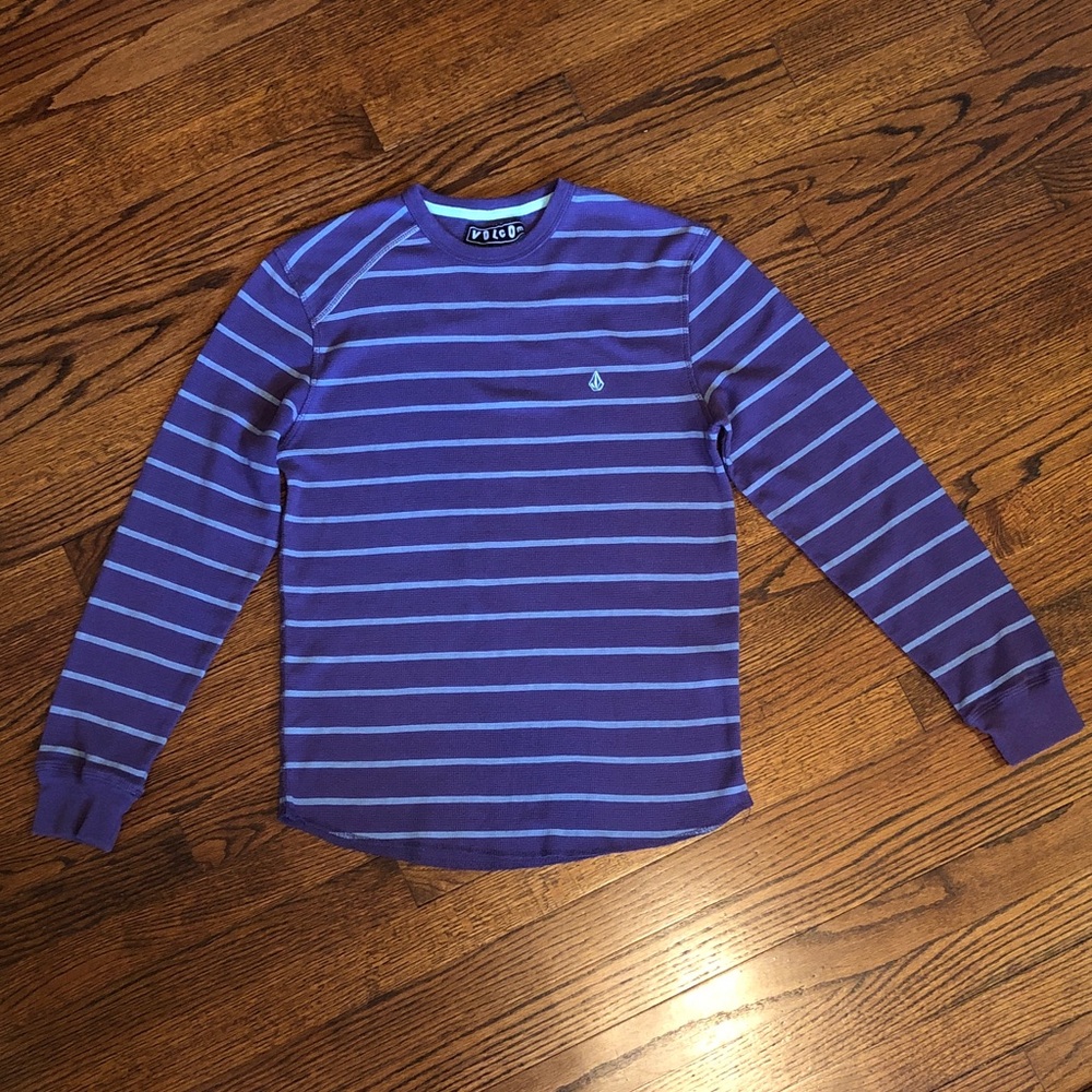 Volcom Men's Long Sleeve Purple and Grey Striped Thermal Top